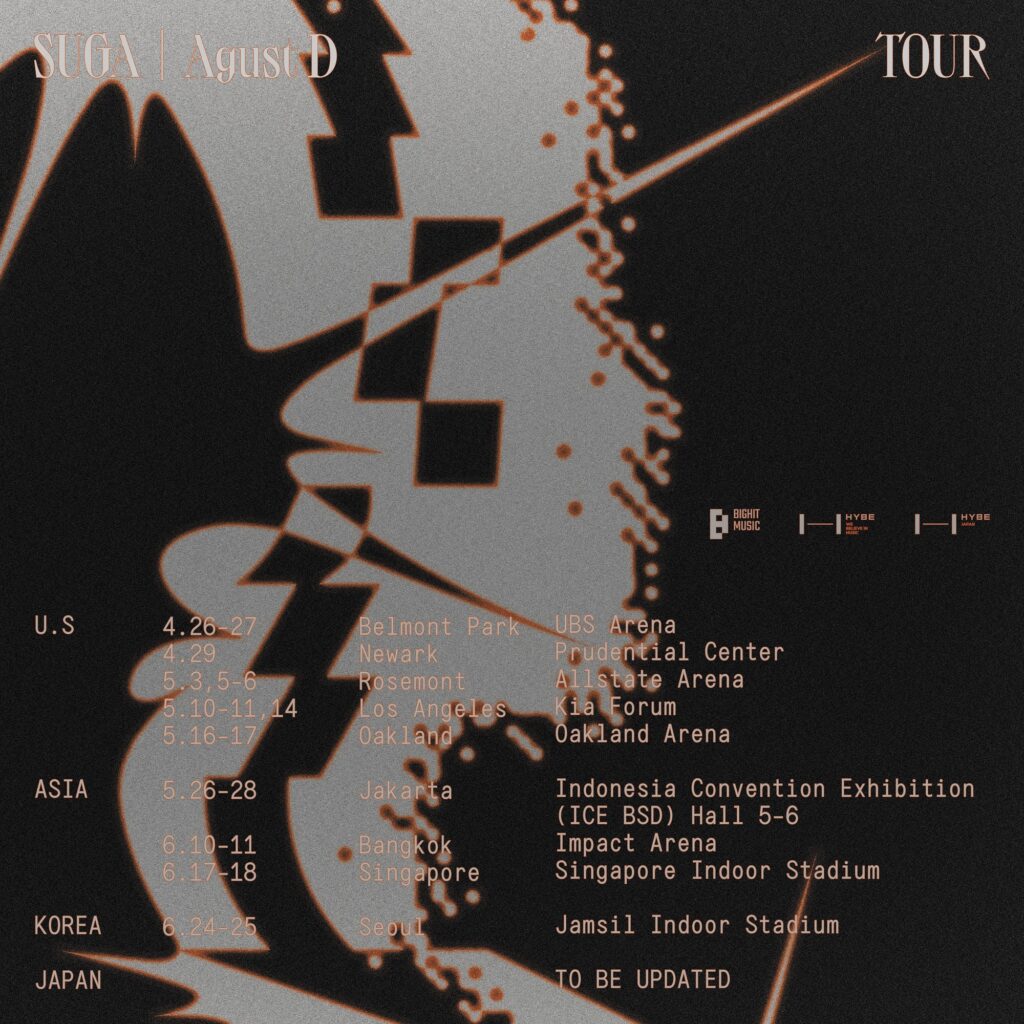Poster del tour de SUGA. Comienza el 26 de abril en Estados Unidos y acaba el 25 de junio en Korea.